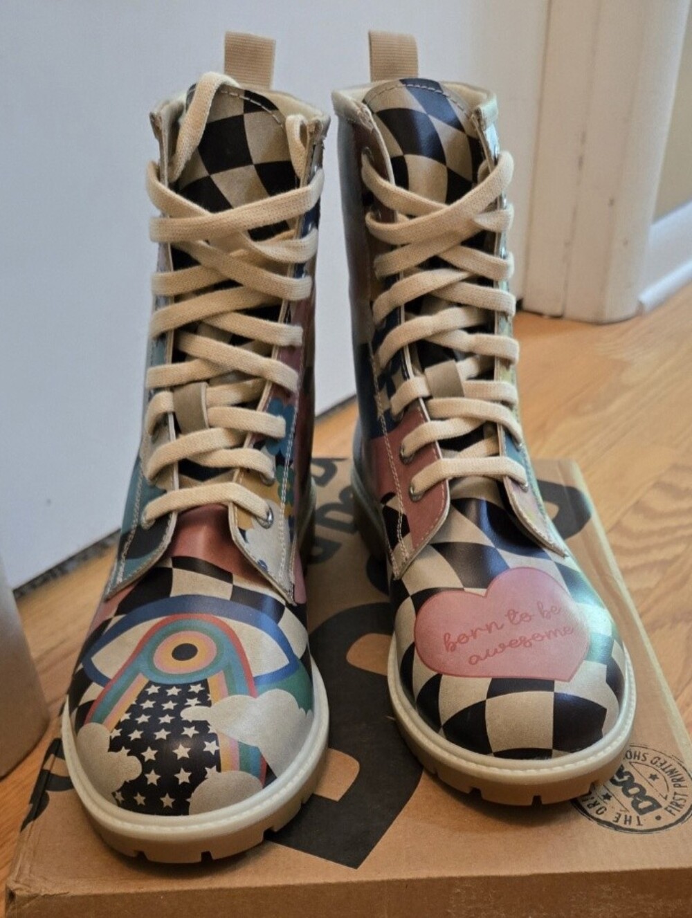 Dogo "Born To Be Awesome" Checkerboard Rainbow Heart Boots - Multicolor